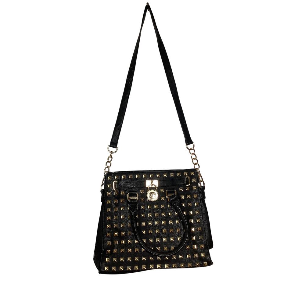 Michael Kors Black Gold Hamilton Leather Studded Tote Bag Satchel Handbag V8-10